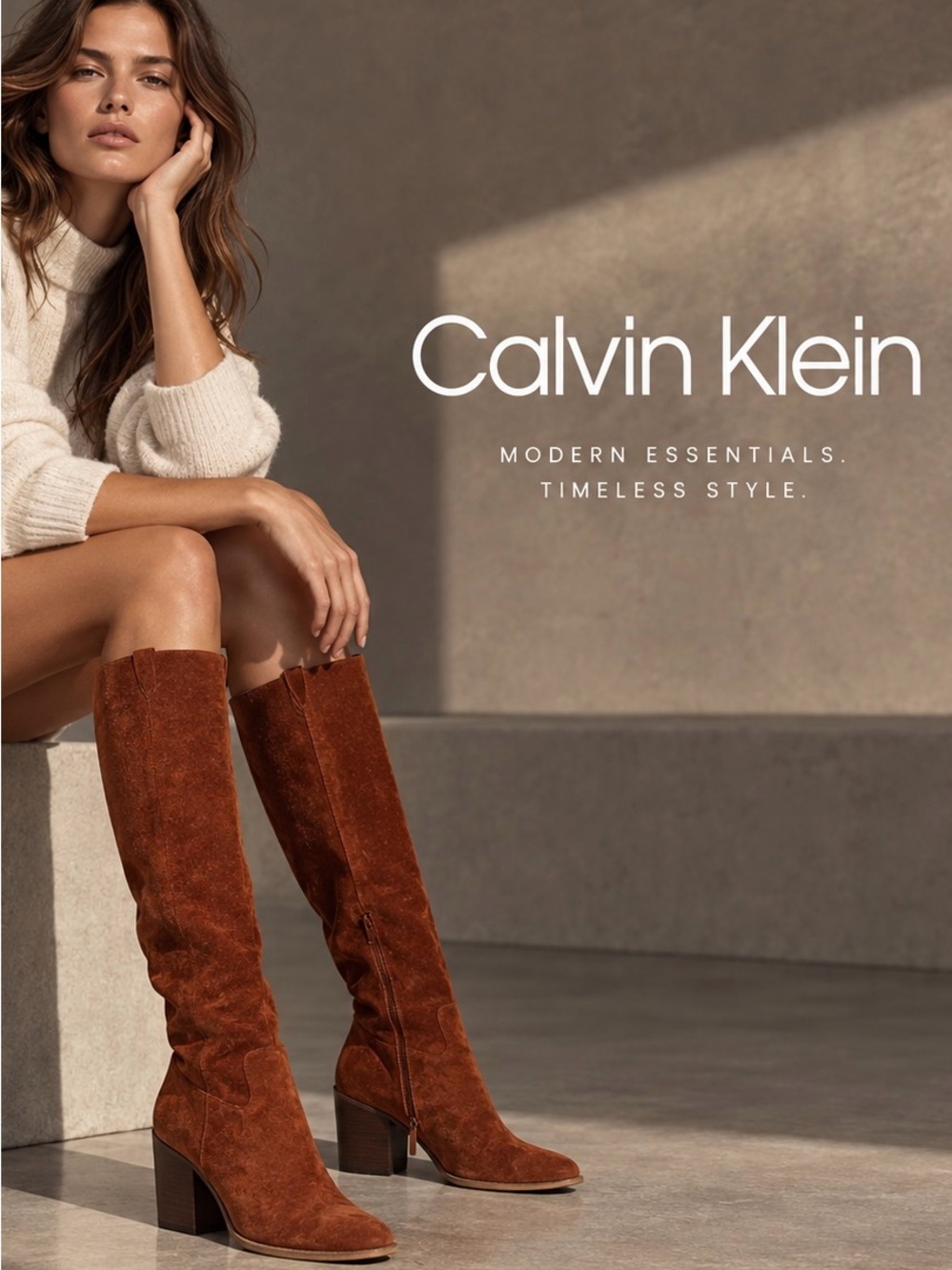 Calvin Klein Rust Suede Knee-High Block Heel Boots